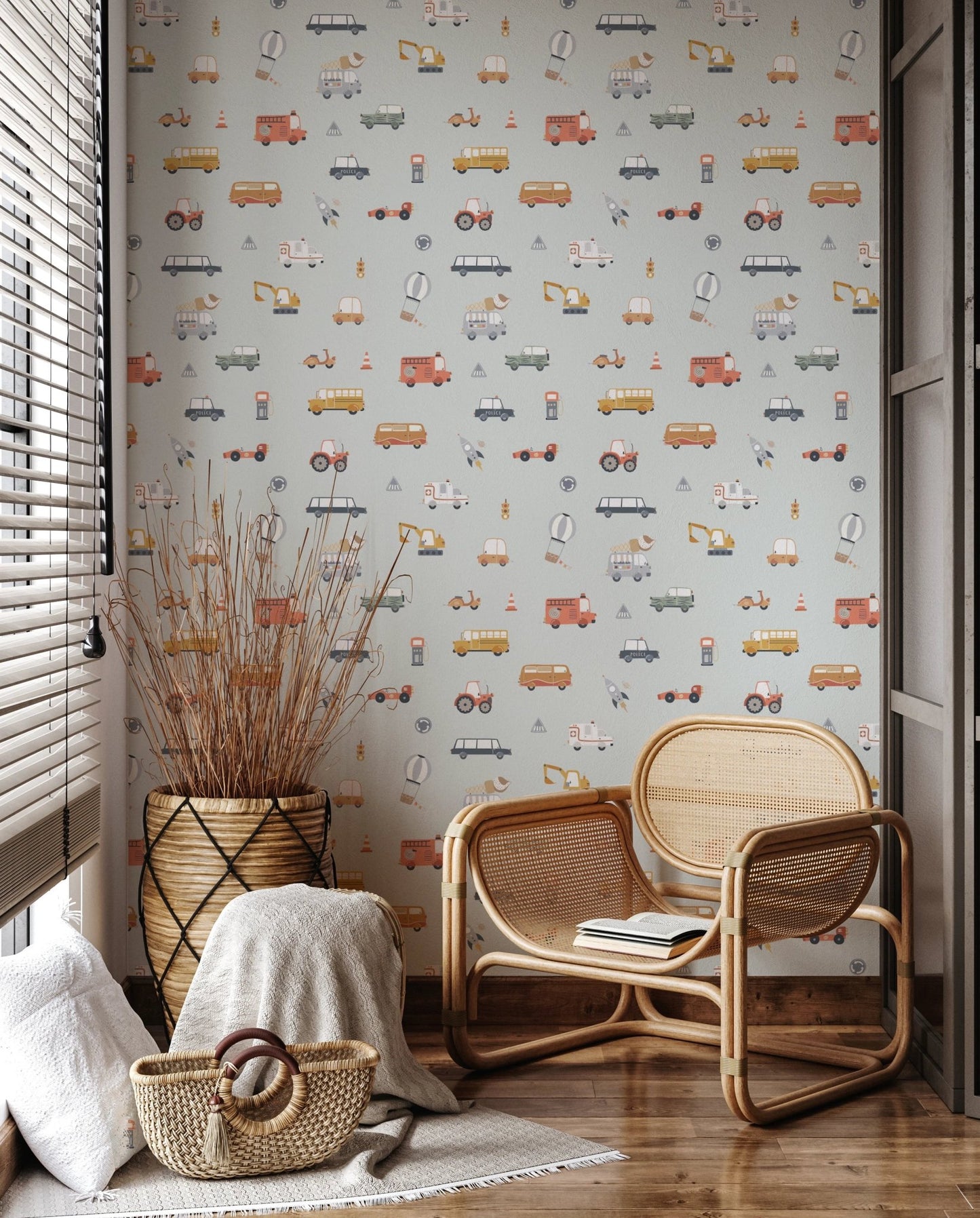 Hand-drawn excavator and rocket ship kids wallpaper.