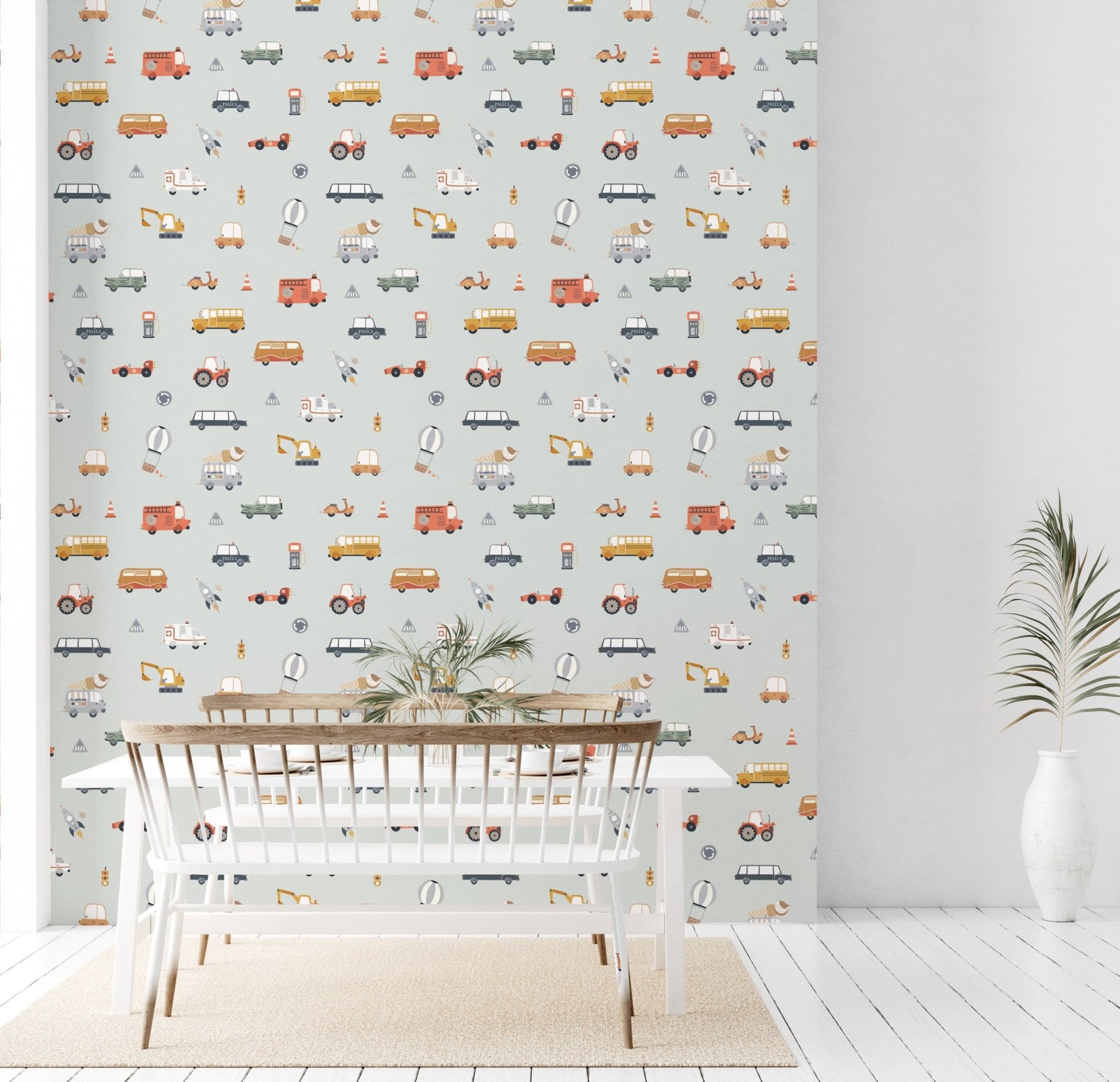 Pastel blue wallpaper with school bus and tractor.