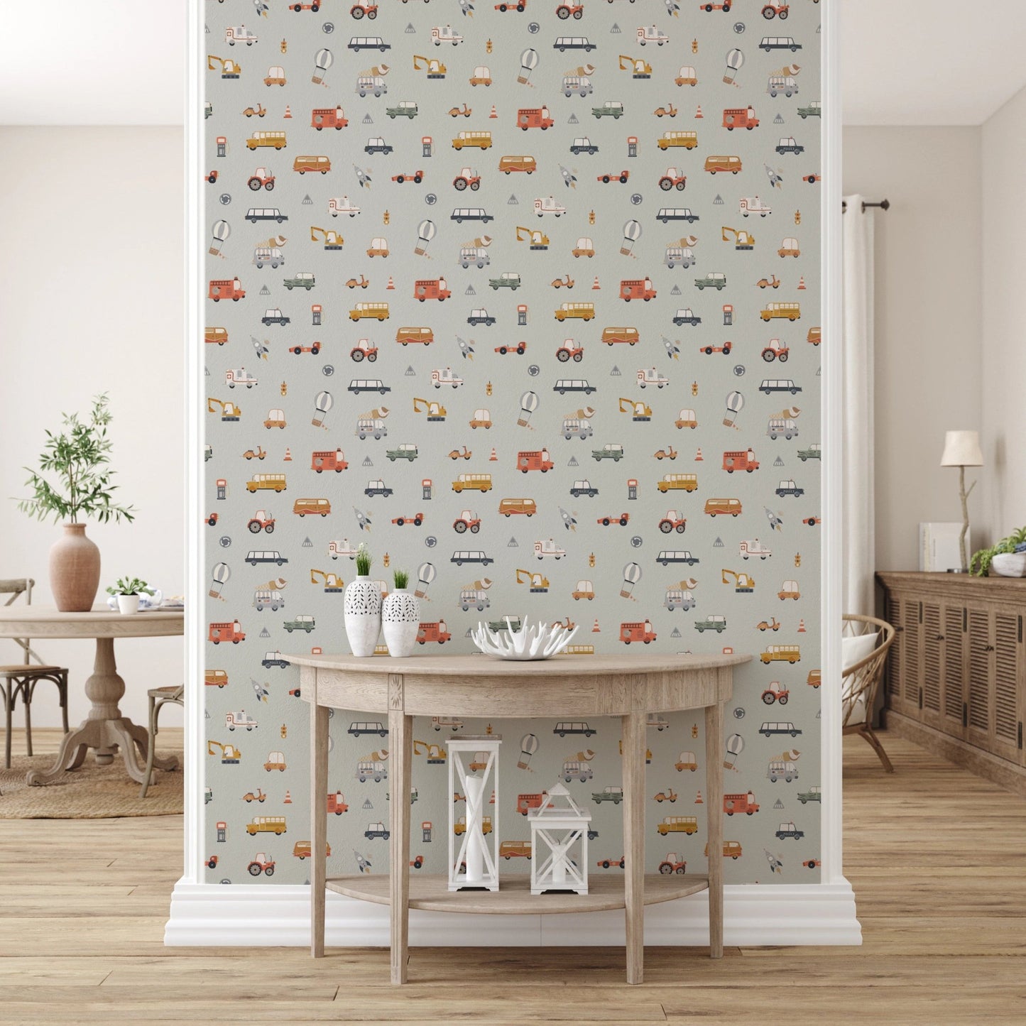 Little transports wallpaper for a themed boy's room.