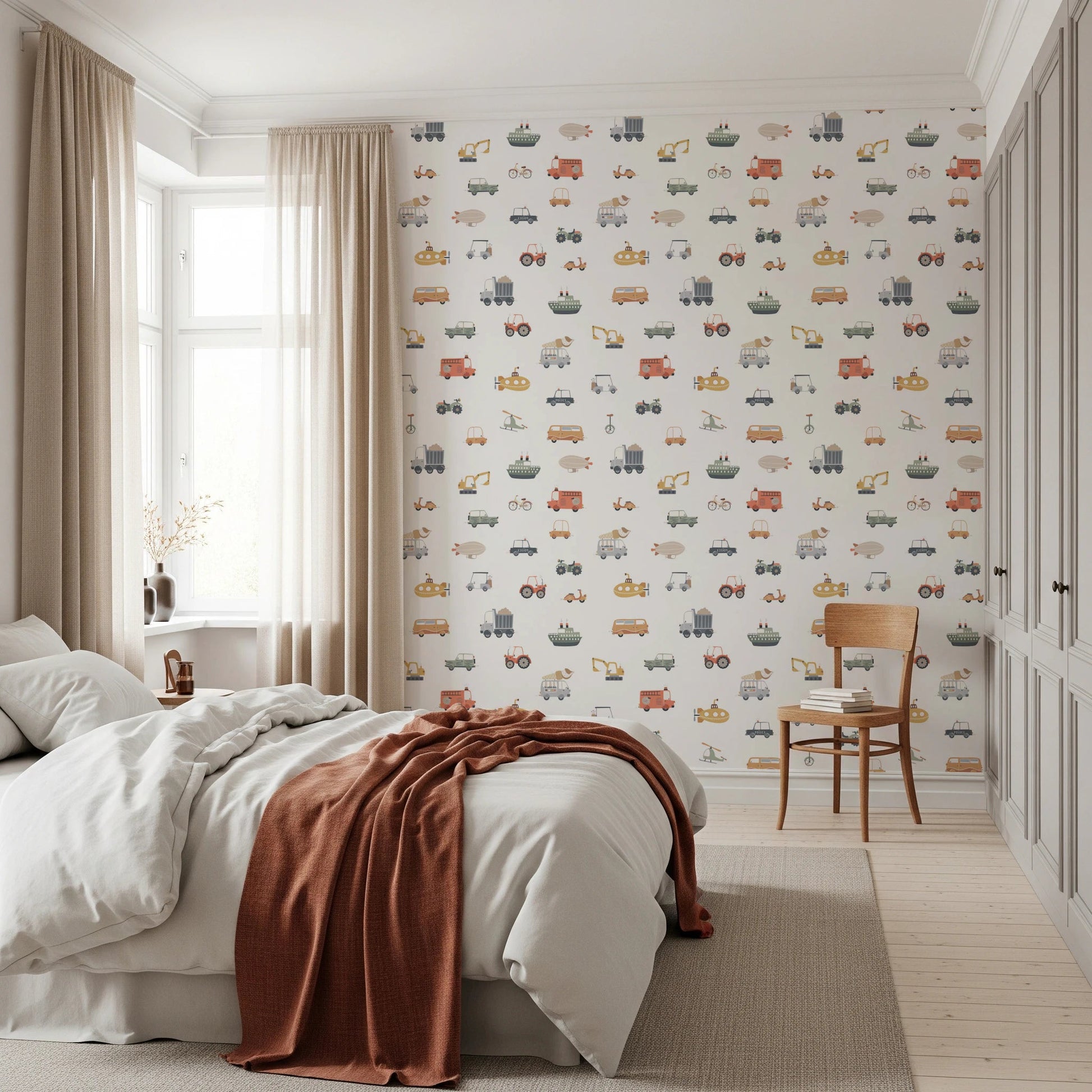 Minimalist tractor and fire engine nursery art