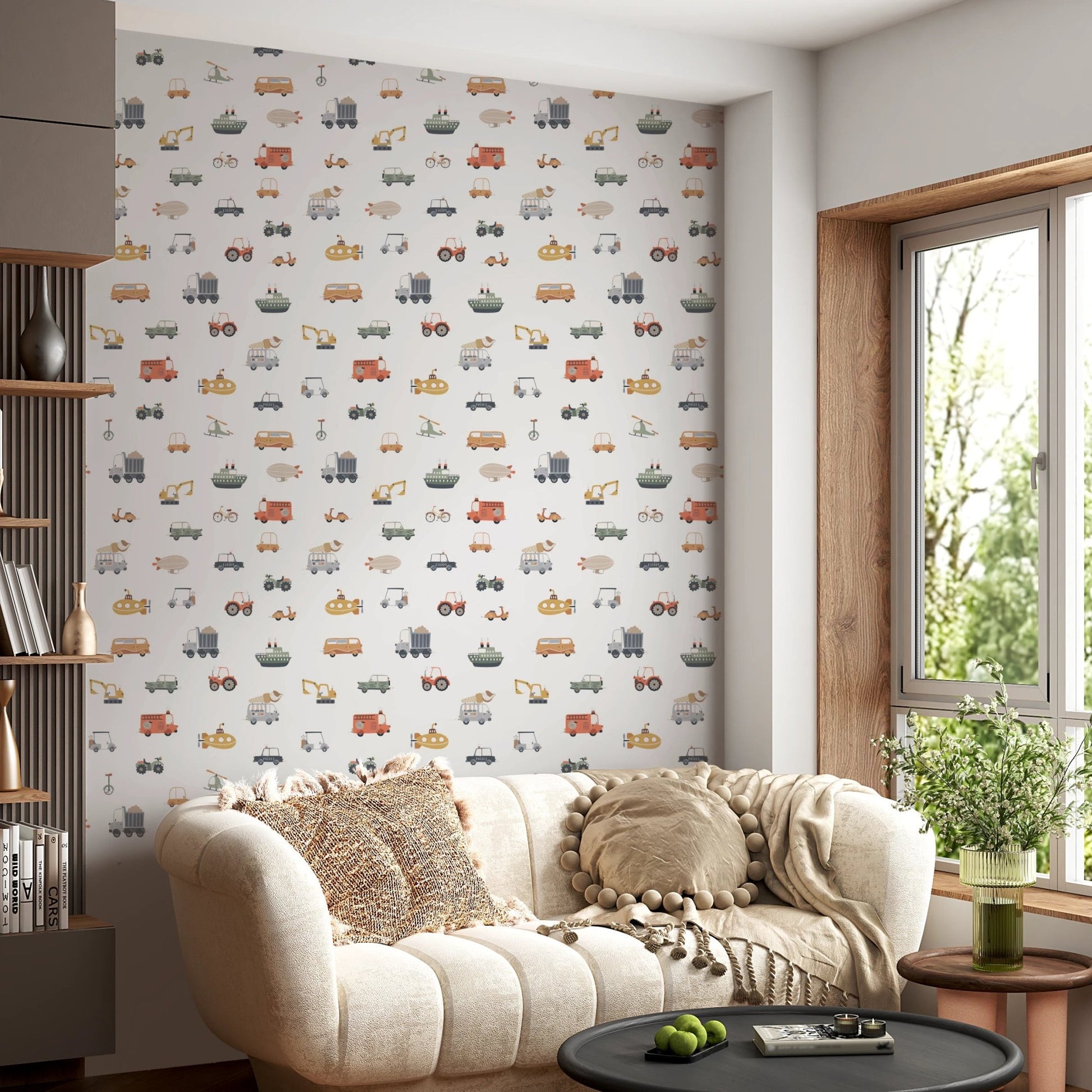 Blue and orange toy car pattern for playrooms