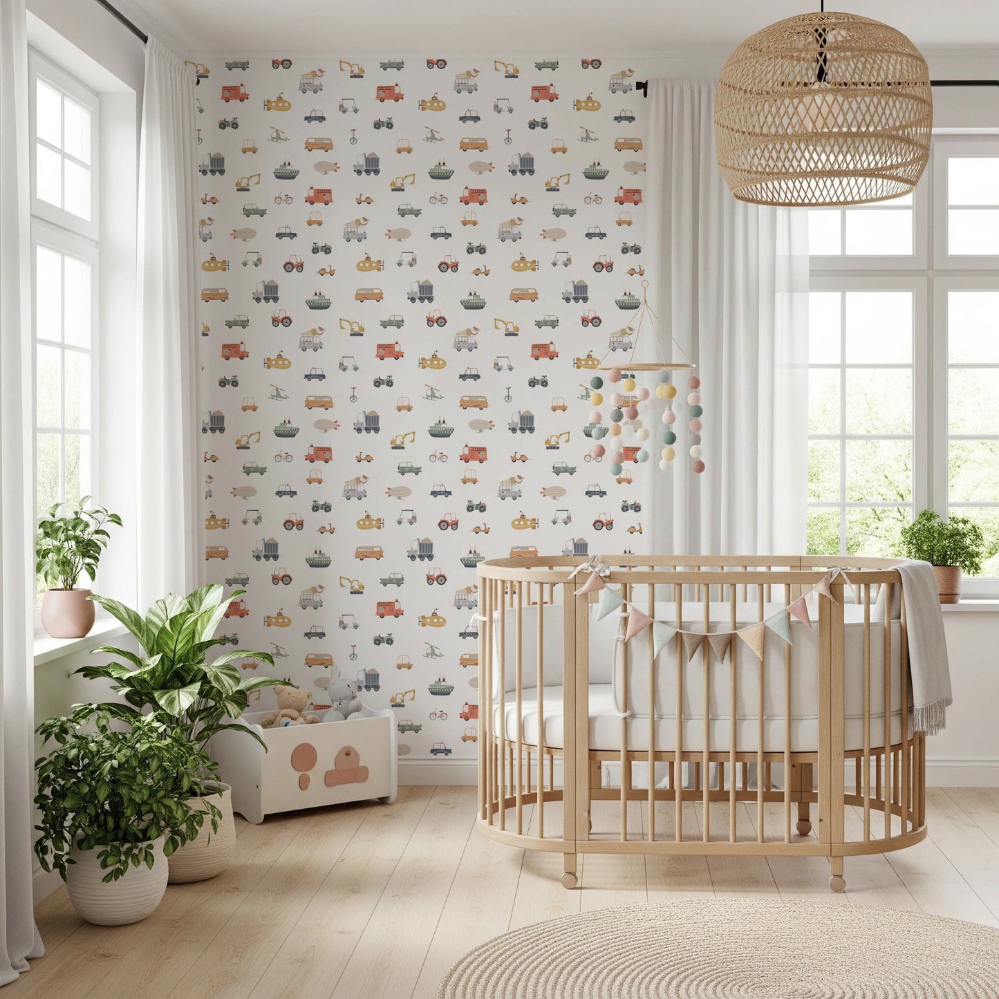 Cute cartoon vehicles on white nursery wallpaper