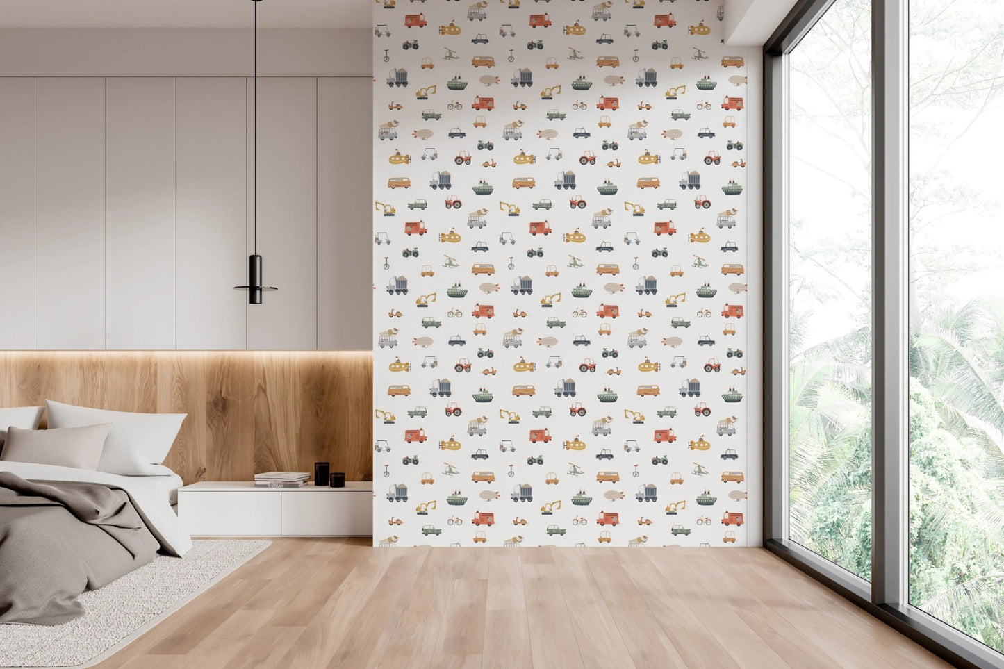 Scandi style police car and scooter wall covering