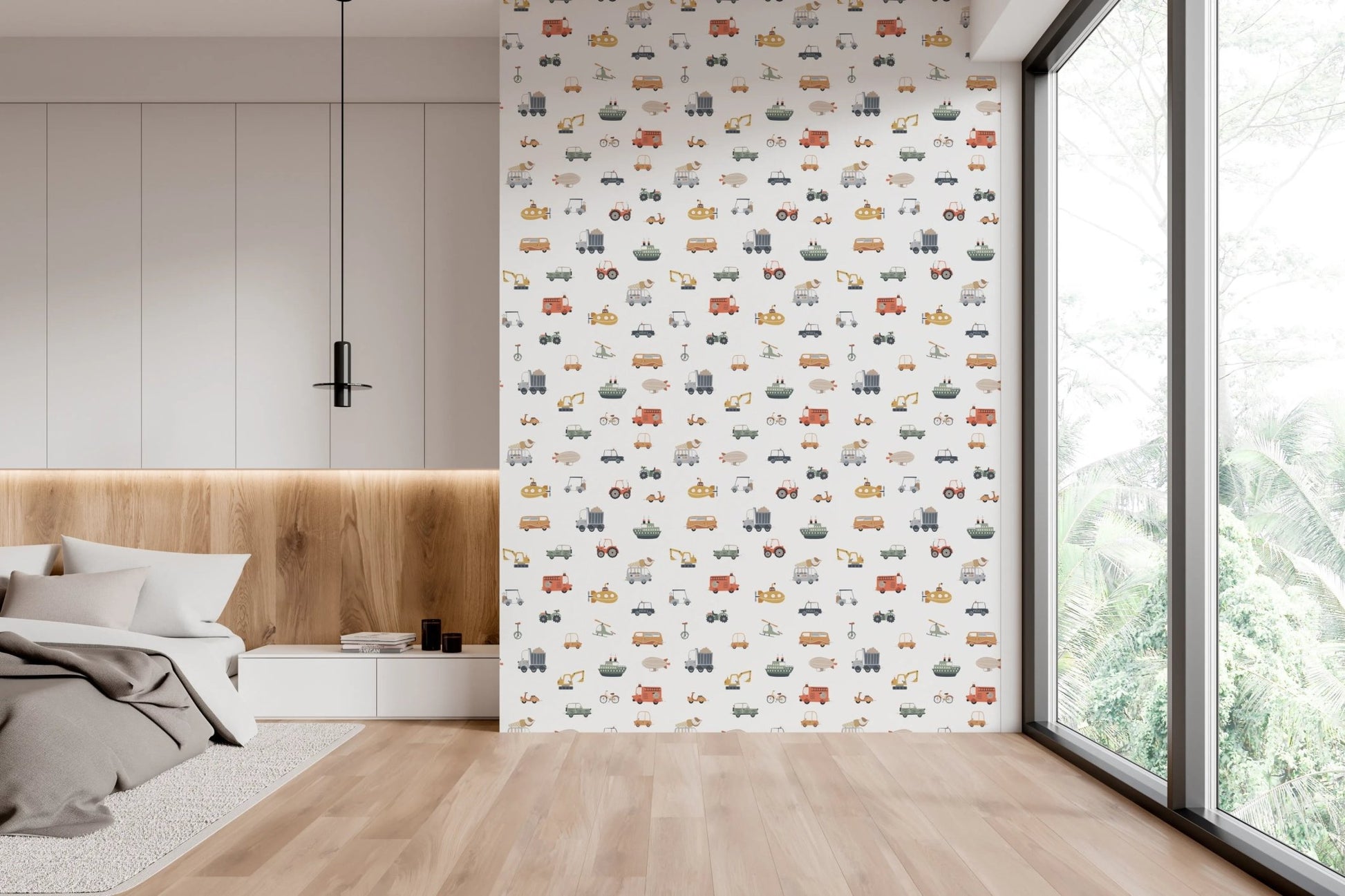 Scandi style police car and scooter wall covering