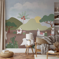 Llama in the West Wall Mural with pink flowers and desert trees.
