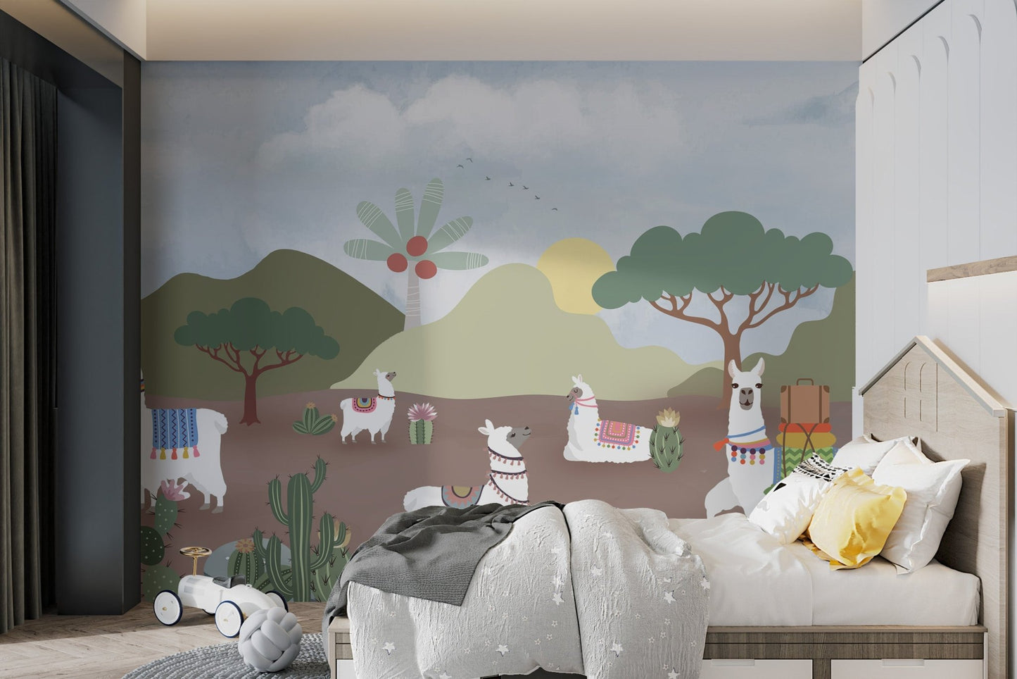 Whimsical desert mural with llamas, cacti and wildflowers in kids bedroom.