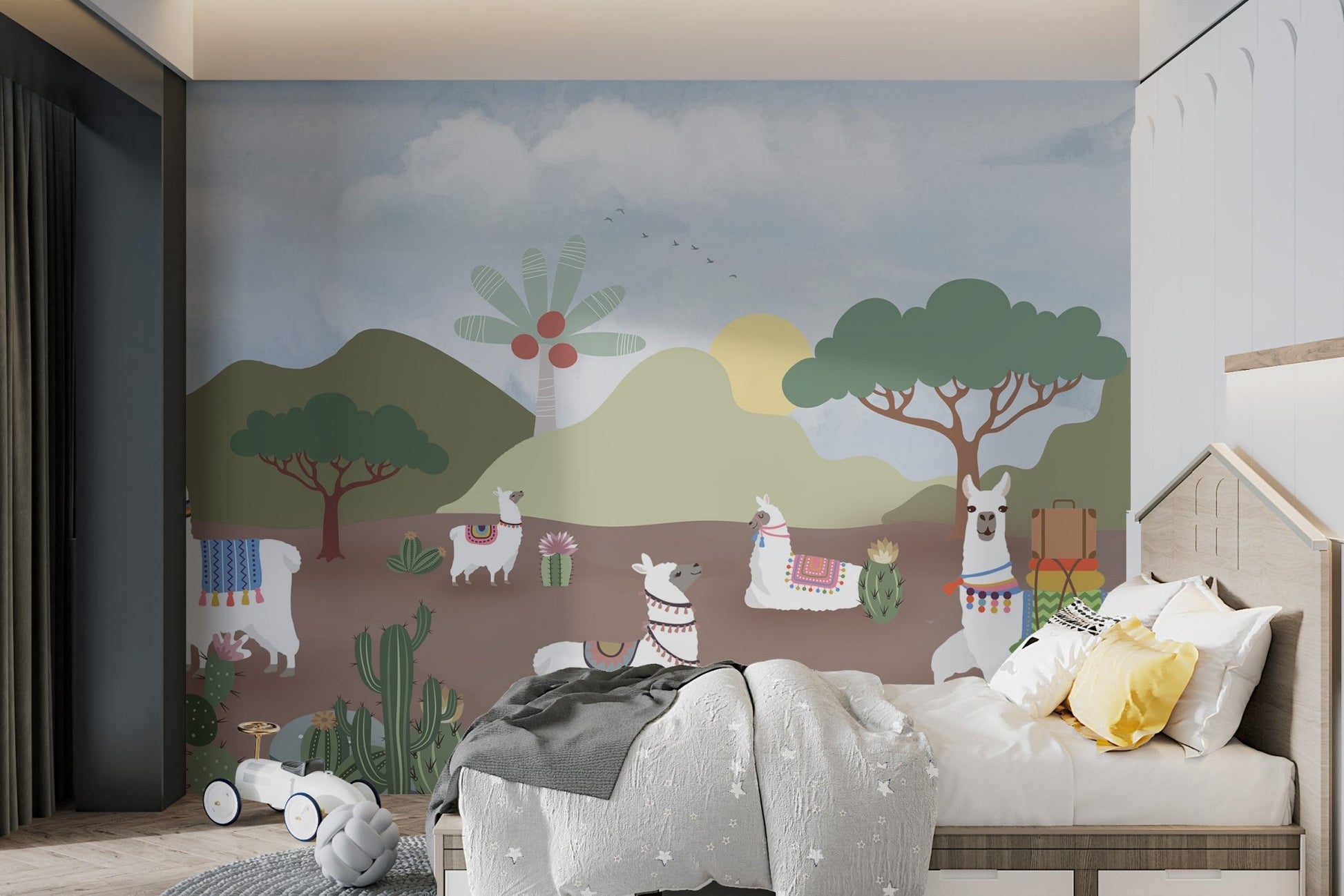 Whimsical desert mural with llamas, cacti and wildflowers in kids bedroom.