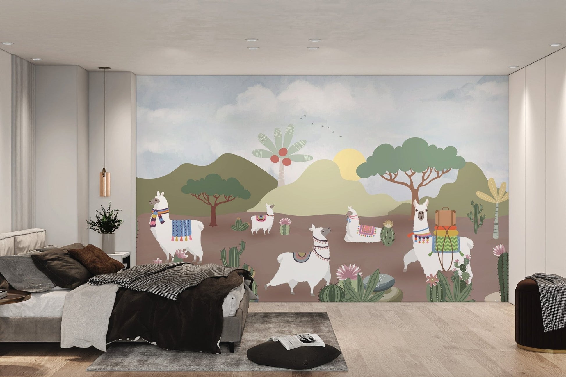 Boho style llama wall mural with patterned blankets and blue sky.