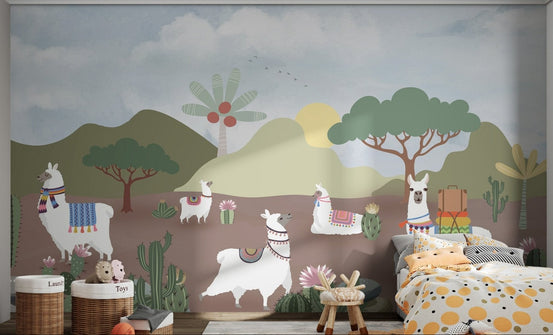 Desert landscape wall mural featuring llamas in colorful saddles for bedroom.