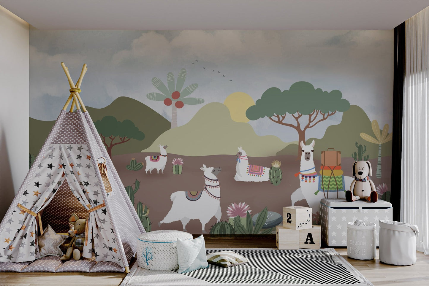 White llamas walking through a green desert valley wall mural in playroom.