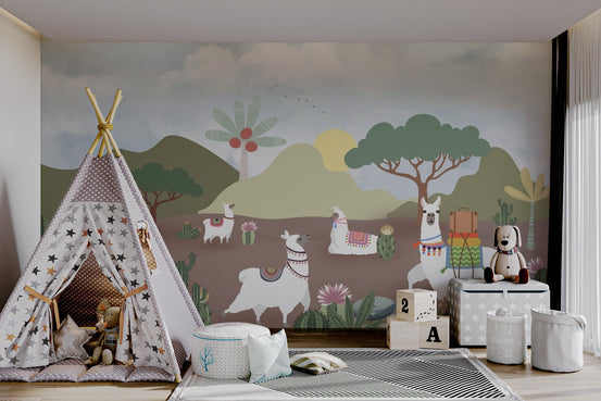 White llamas walking through a green desert valley wall mural in playroom.