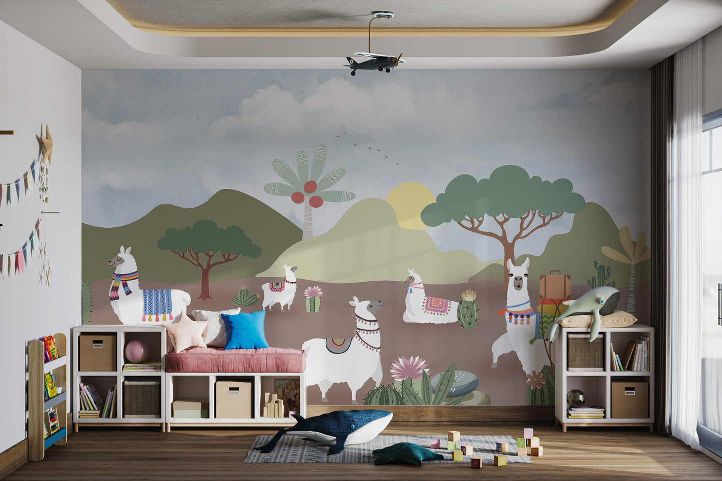 Cactus and mountain scene wall mural for a kids play room interior.