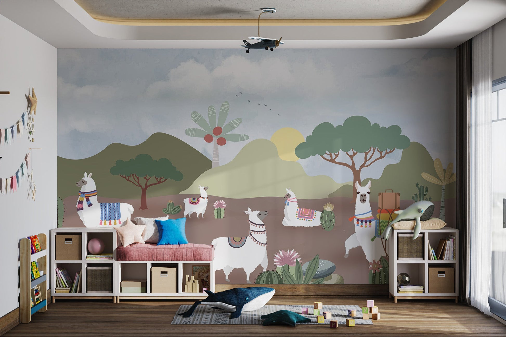 Cactus and mountain scene wall mural for a kids play room interior.