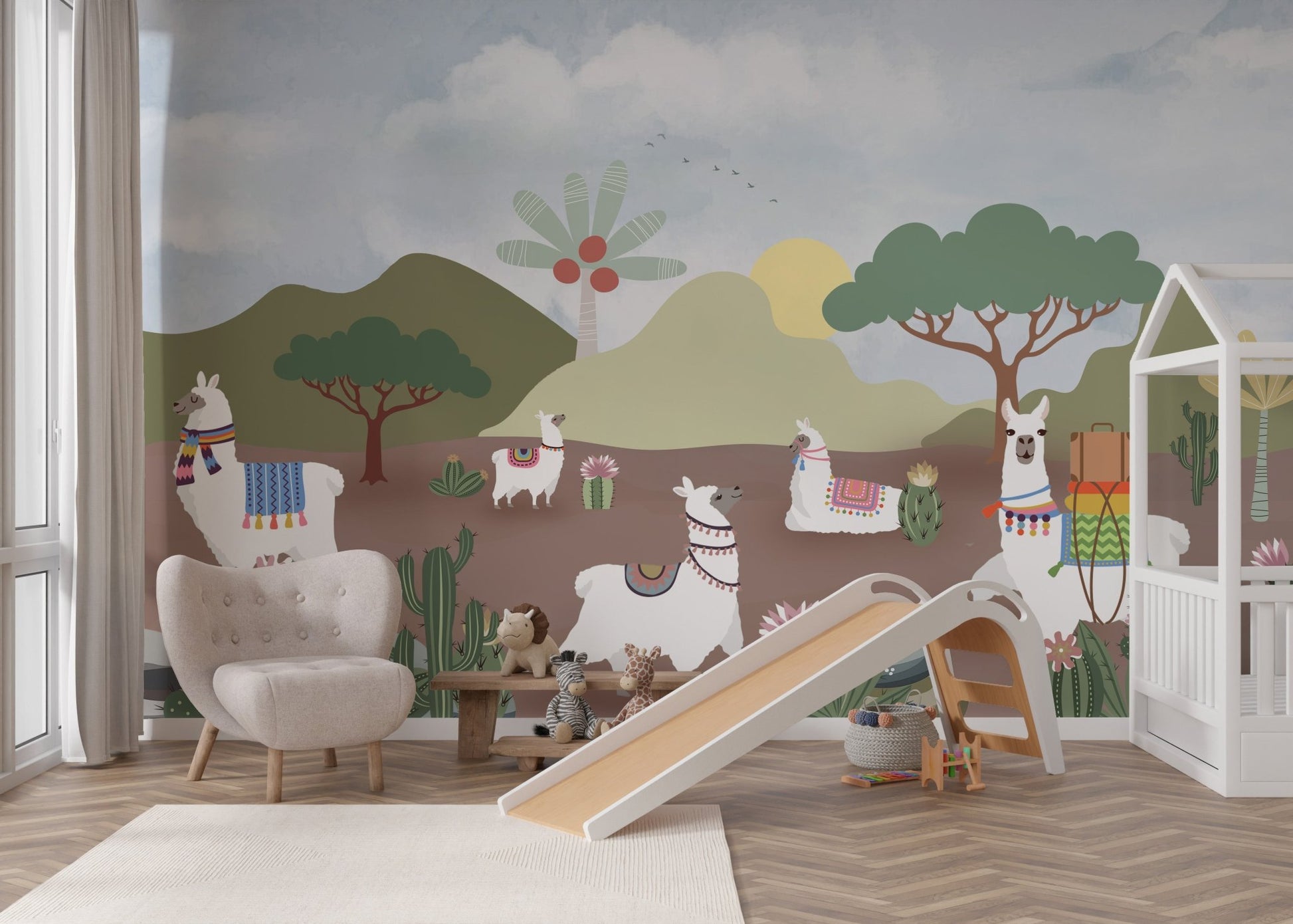 Bright and playful llamas wall mural with flowers and cacti for nursery.