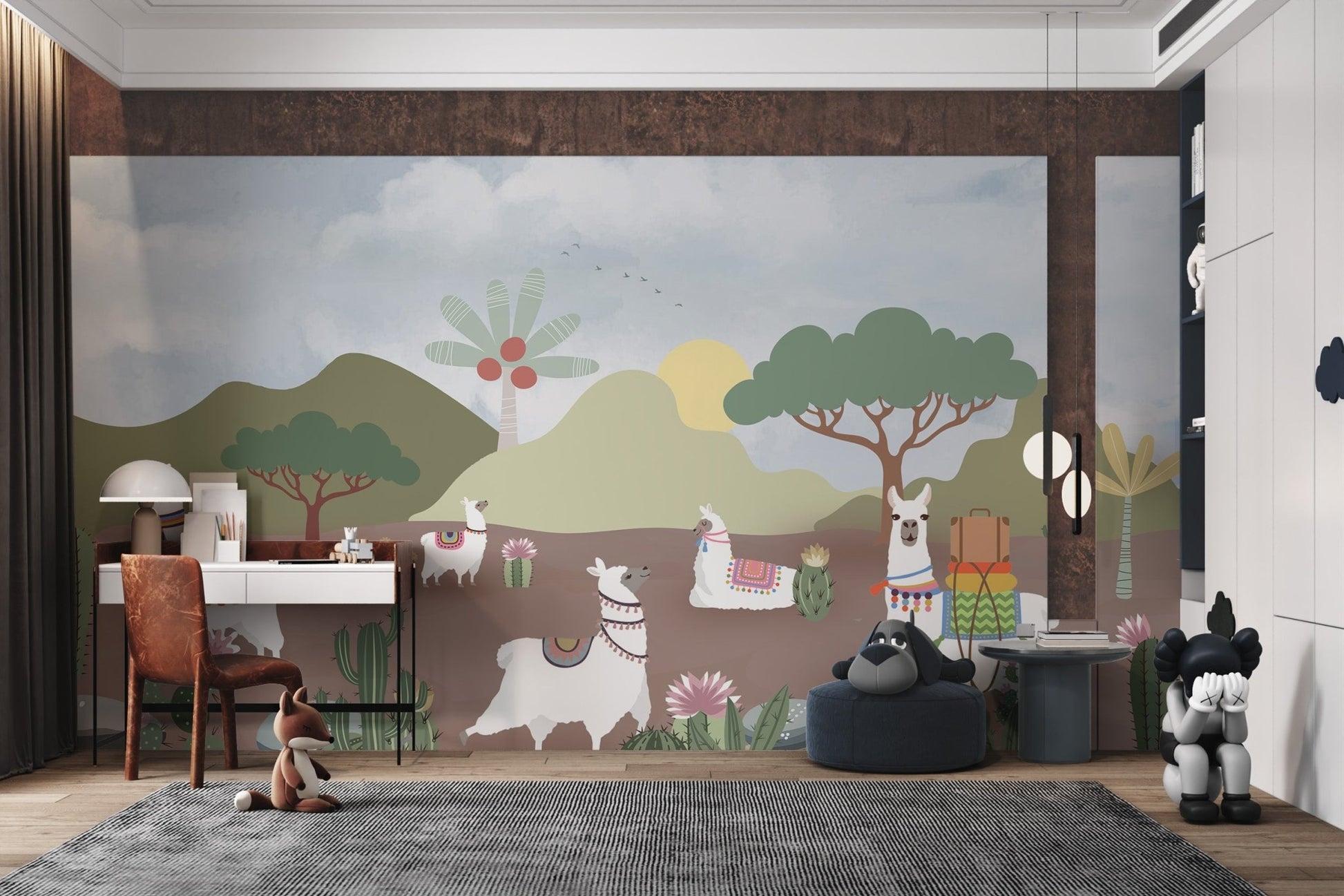 Study room wall mural showing llamas with suitcases in a desert environment.