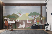 Study room wall mural showing llamas with suitcases in a desert environment.