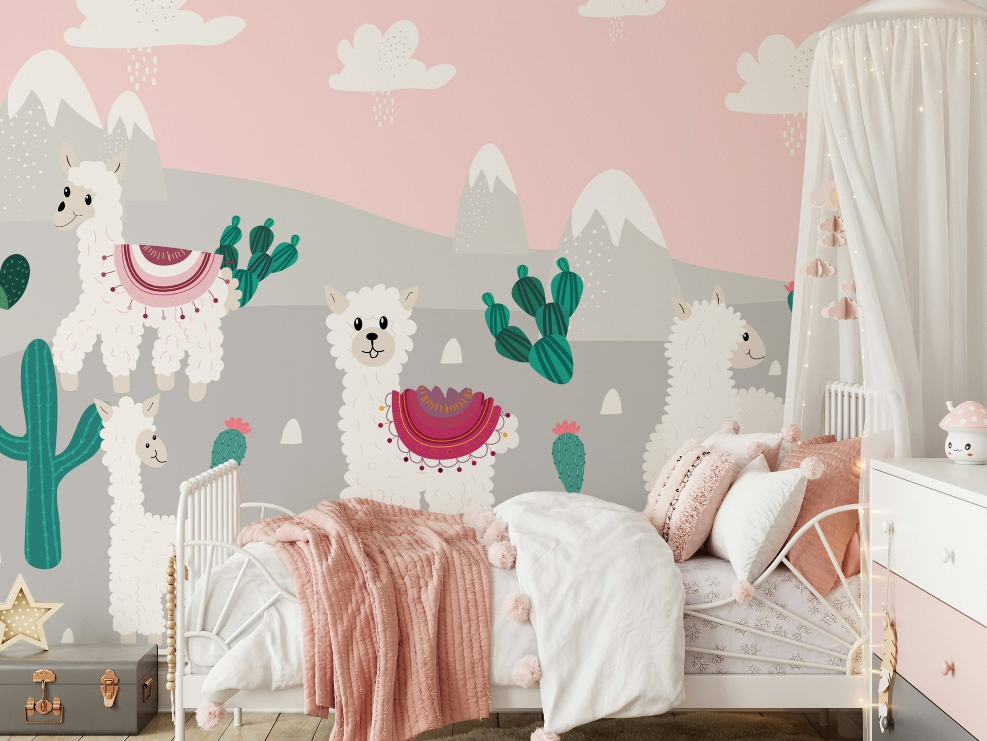 Soft blue and green hills mural in a bright bedroom.
