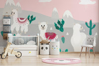 Pastel watercolor mountain wallpaper for child’s room.