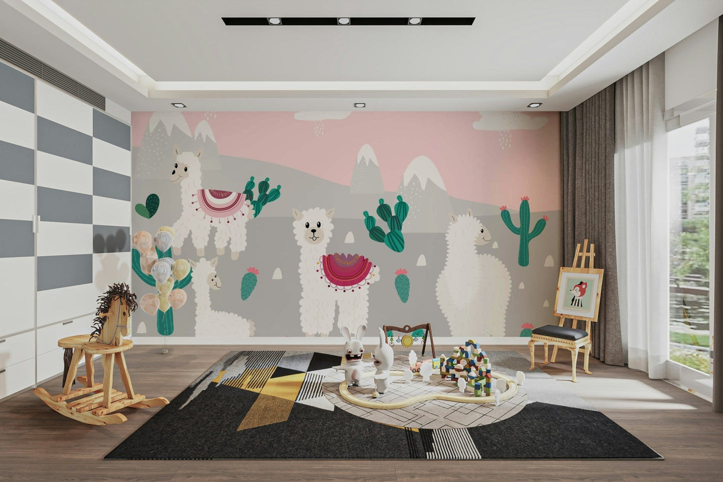 Large scale Llama Land mural in a sunlit playroom.