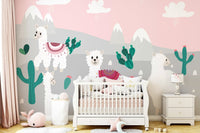 Colorful mountain landscape mural for kids' playroom.