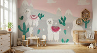 Colorful mountain landscape mural for kids' playroom.