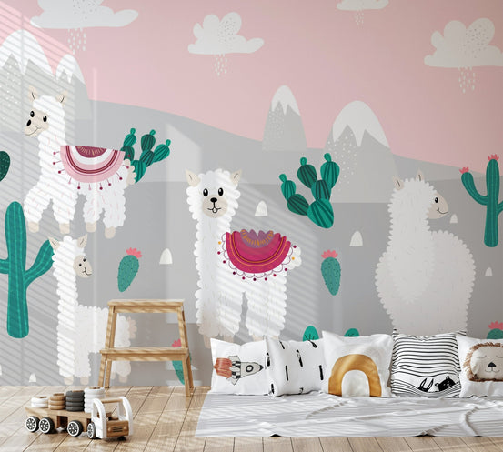 Whimsical pink Llama Land Wall Mural focal point