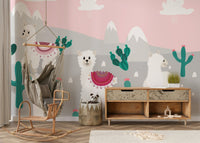 Scandi-style mountain mural with cute llamas.