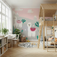 Large scale Llama Land mural in a sunlit playroom.