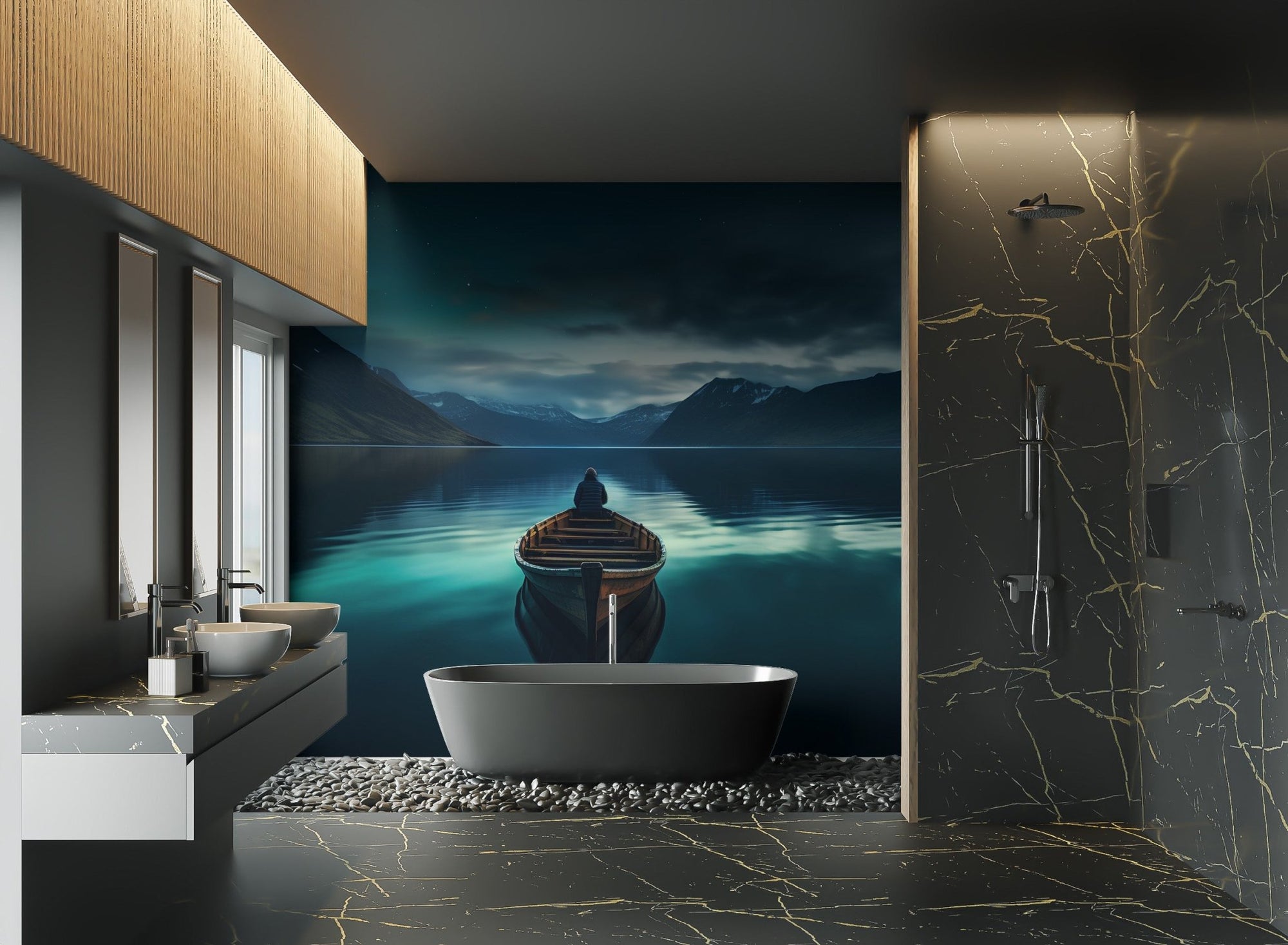 Lonely boat lake wallpaper with calm water, mountains and night sky.