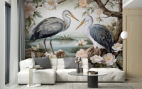 Lotus Pond Herons Mural Wallpaper - Wallanza