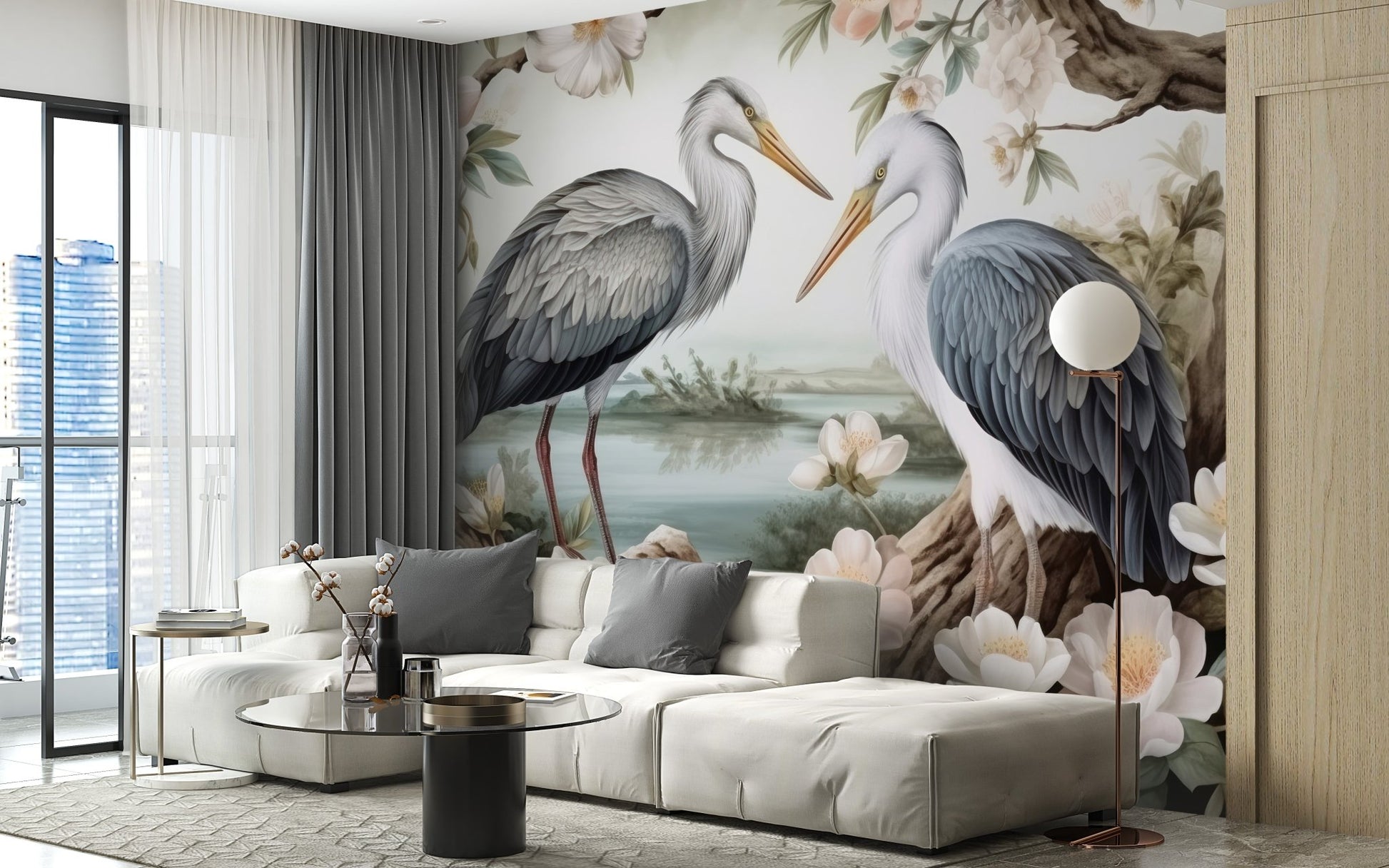 Lotus Pond Herons Mural Wallpaper - Wallanza