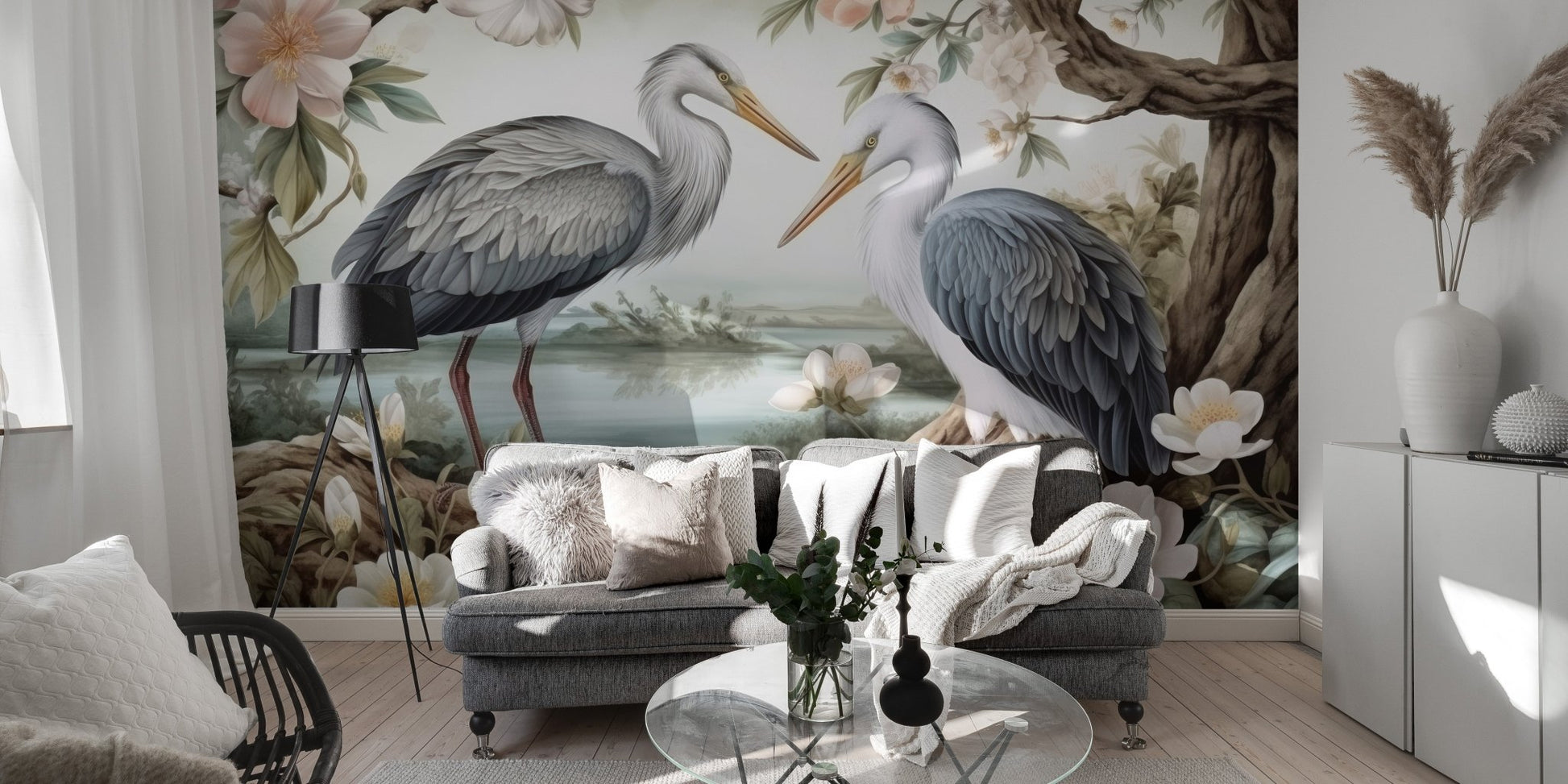 Lotus Pond Herons Mural Wallpaper - Wallanza