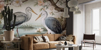 Lotus Pond Herons Mural Wallpaper - Wallanza