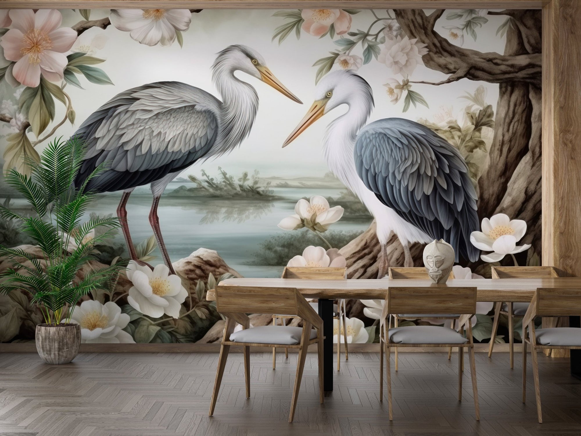 Lotus pond herons mural wallpaper with soft pastel floral wall mural design.