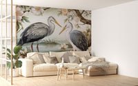 Lotus Pond Herons Mural Wallpaper - Wallanza