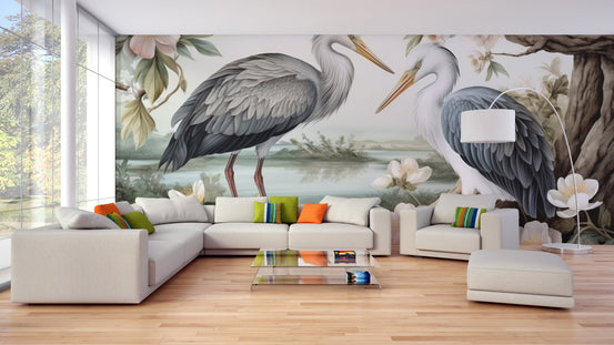 Decorative wildlife wallpaper with herons and pastel florals.