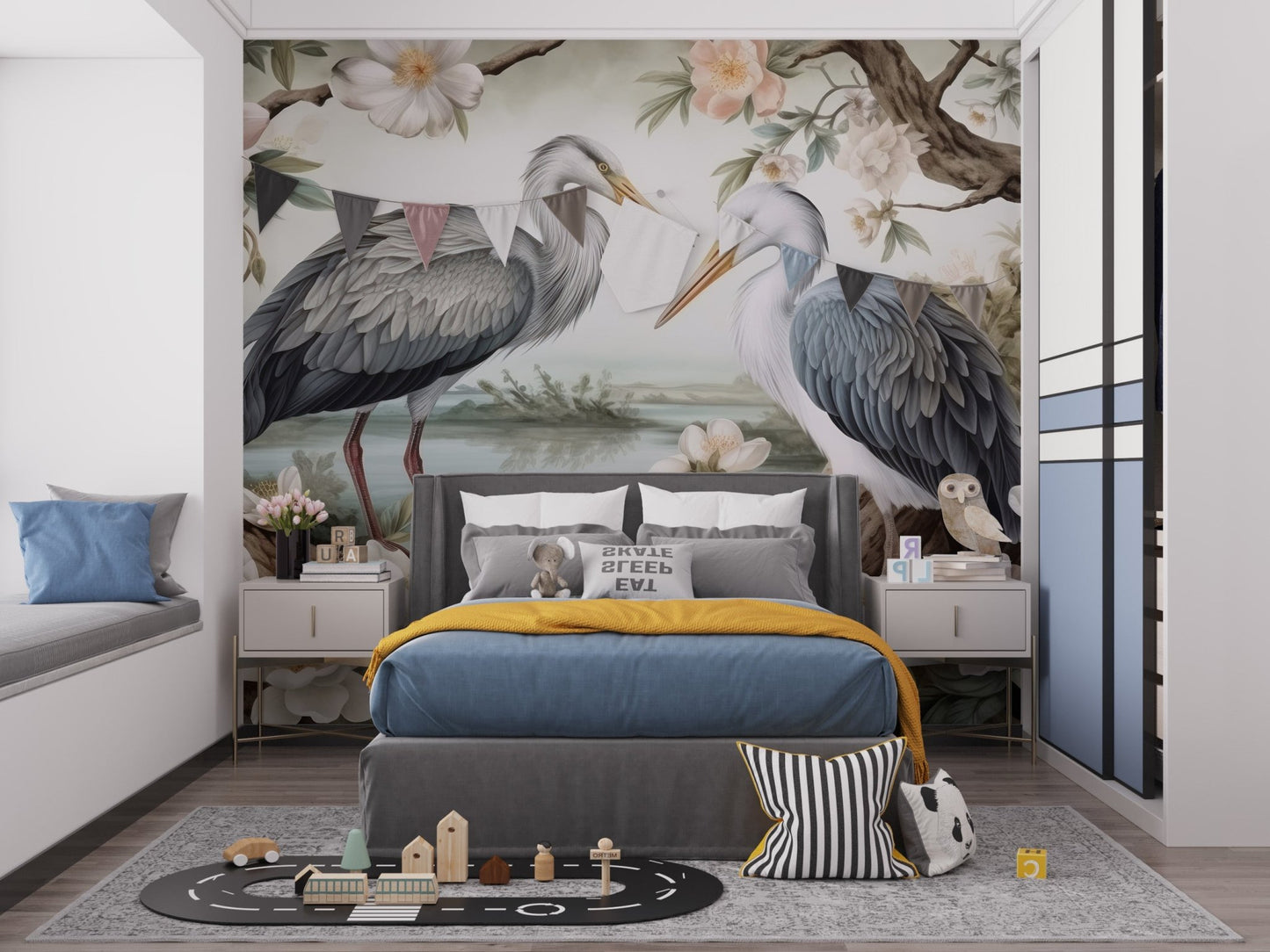Lotus Pond Herons Mural Wallpaper - Wallanza