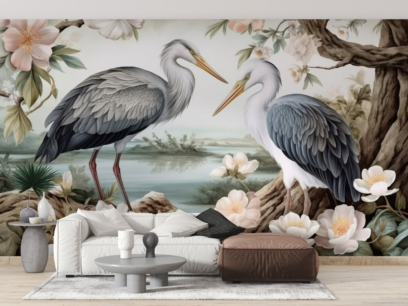 Lotus Pond Herons Mural Wallpaper - Wallanza