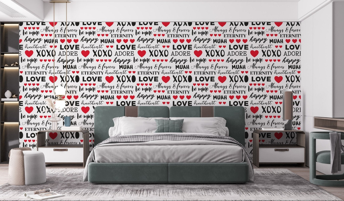 Love expressions wallpaper mural with red hearts and black script typography.