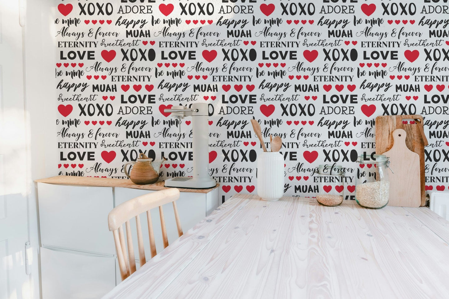 Seamless romance typography wallpaper with bold red heart accents.