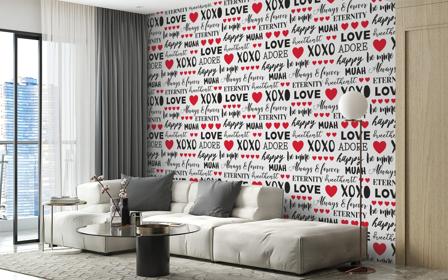 Love expressions wallpaper mural featuring playful script and icons.