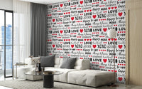 Love expressions wallpaper mural featuring playful script and icons.