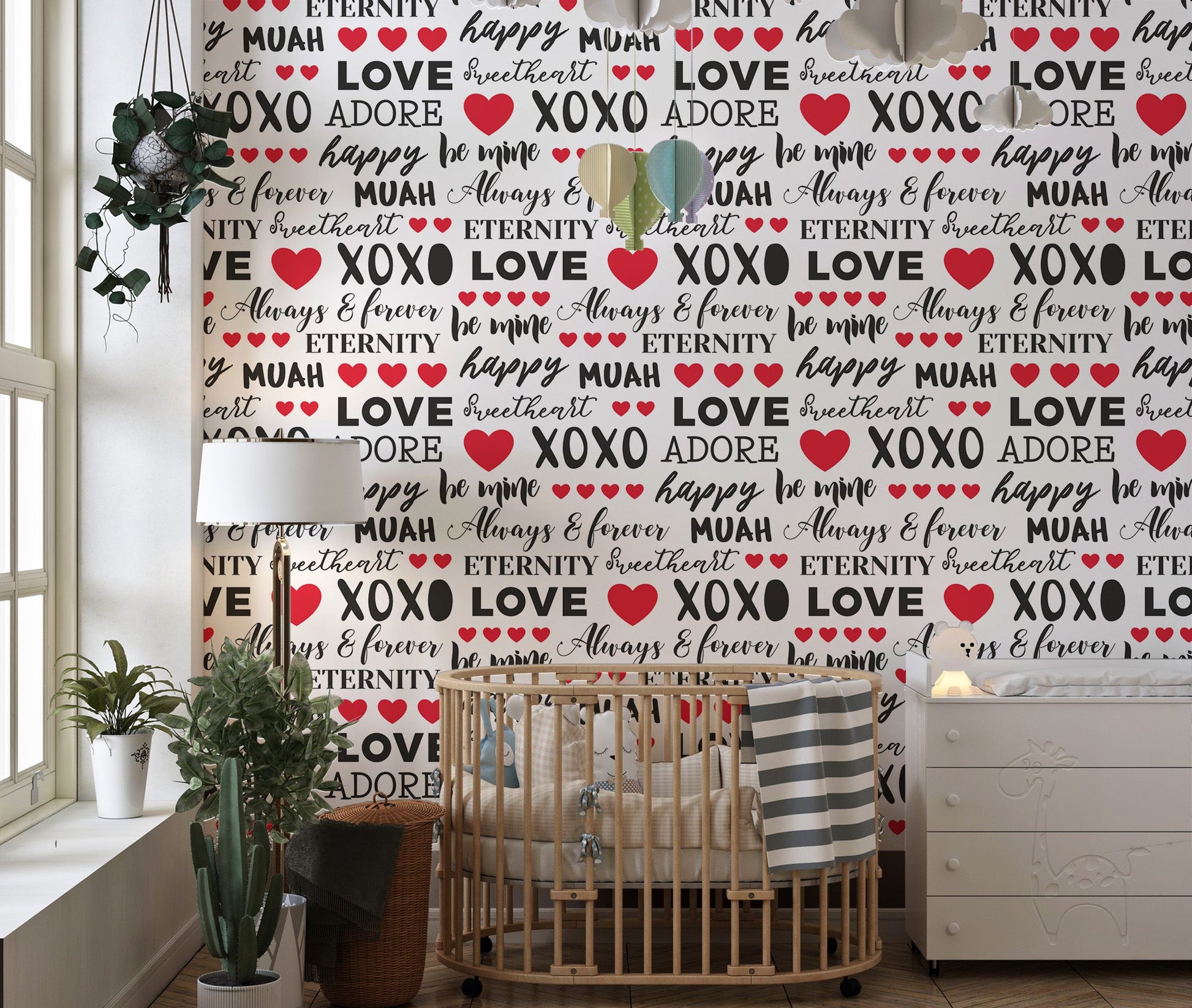 Valentine inspired text wallpaper mural with bold heart elements.
