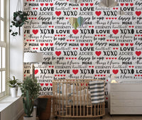 Valentine inspired text wallpaper mural with bold heart elements.