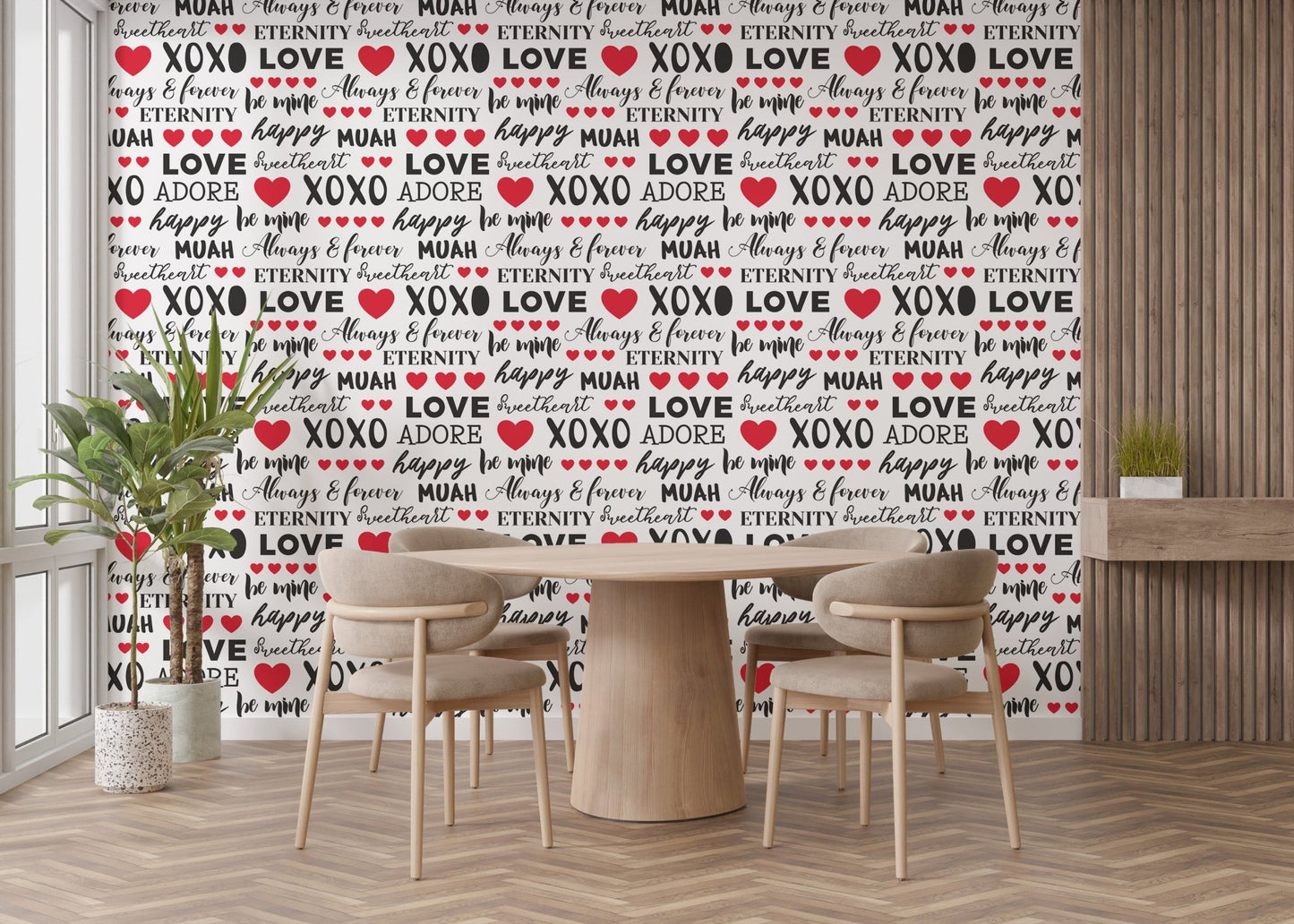 Graphic love slogan wall mural wallpaper in crisp contrast colors.