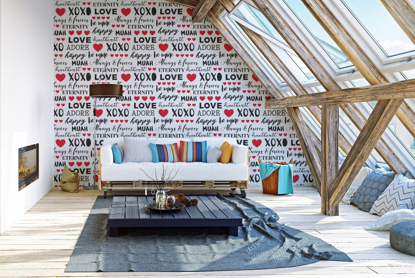 Romantic quote wall mural wallpaper with XOXO and love text pattern.