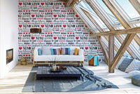 Romantic quote wall mural wallpaper with XOXO and love text pattern.