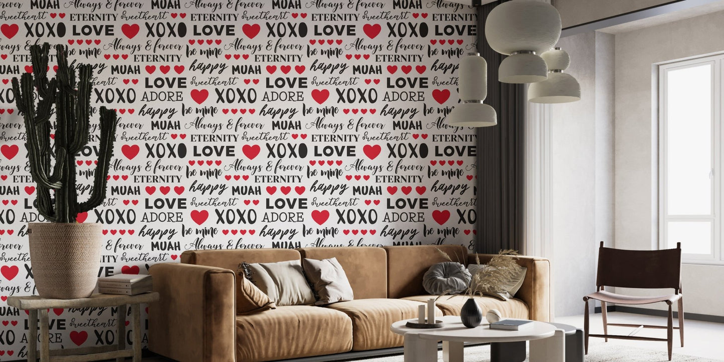 Modern love theme wallpaper mural with handwritten phrases and hearts.