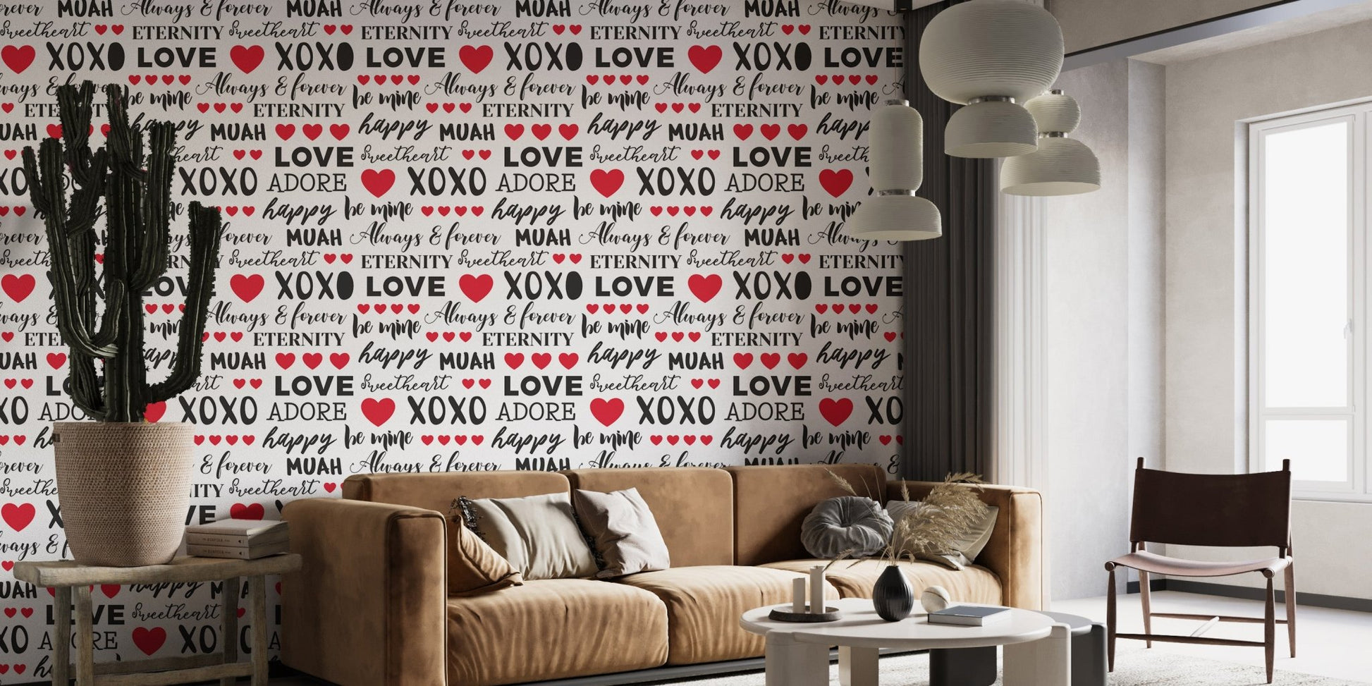 Modern love theme wallpaper mural with handwritten phrases and hearts.