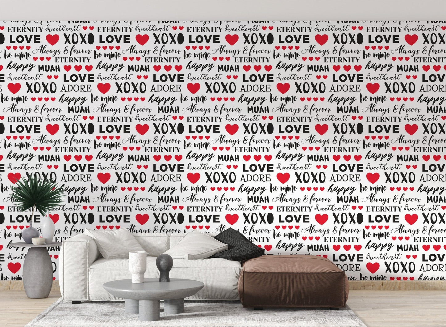 Decorative love quote wallpaper mural with mixed font styles.